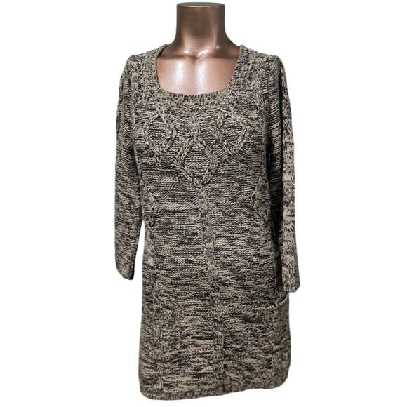 JJ Basics Brown and Beige Variegated 3/4 Sleeve Tunic Sweater with Pockets Sz M - Picture 1 of 5